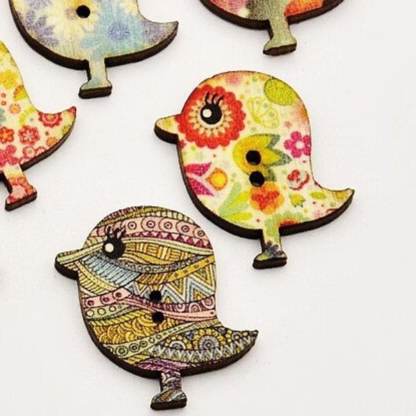10 Awesome BIRD Wood BUTTONS-Big 30mm Button Art-Sewing-Knitting-Scrapbooking Supplies-Vintage Yarn Notions, Chicks, Chickens, LAST 0NES