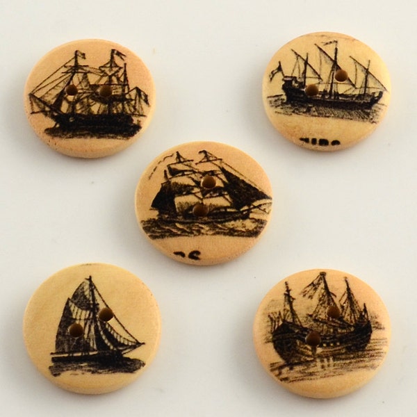 10 Mixed Sailing Wood BUTTONS-20mm BUTT0NS-Sewing Knitting Scrapbooking Supplies, Bulk Yarn Notions-Ships-Boats-Nautical-Navy-DeSTASH