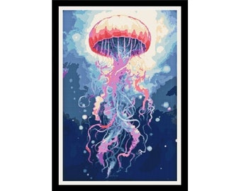 Jellyfish PATTERN for Cross Stitch-Rug Hooking-Plastic Canvas-Needlepoint Tapestry-Perler-Crochet Graphgan-Ocean Art-Sea-INSTANT Digital Pdf