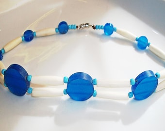 Native Bone Choker, Buffalo Bone Choker, 2 Row Bone Pipe Choker, 15" Blue & White Retro Necklace, Indian Bone Choker, Native Beadwork