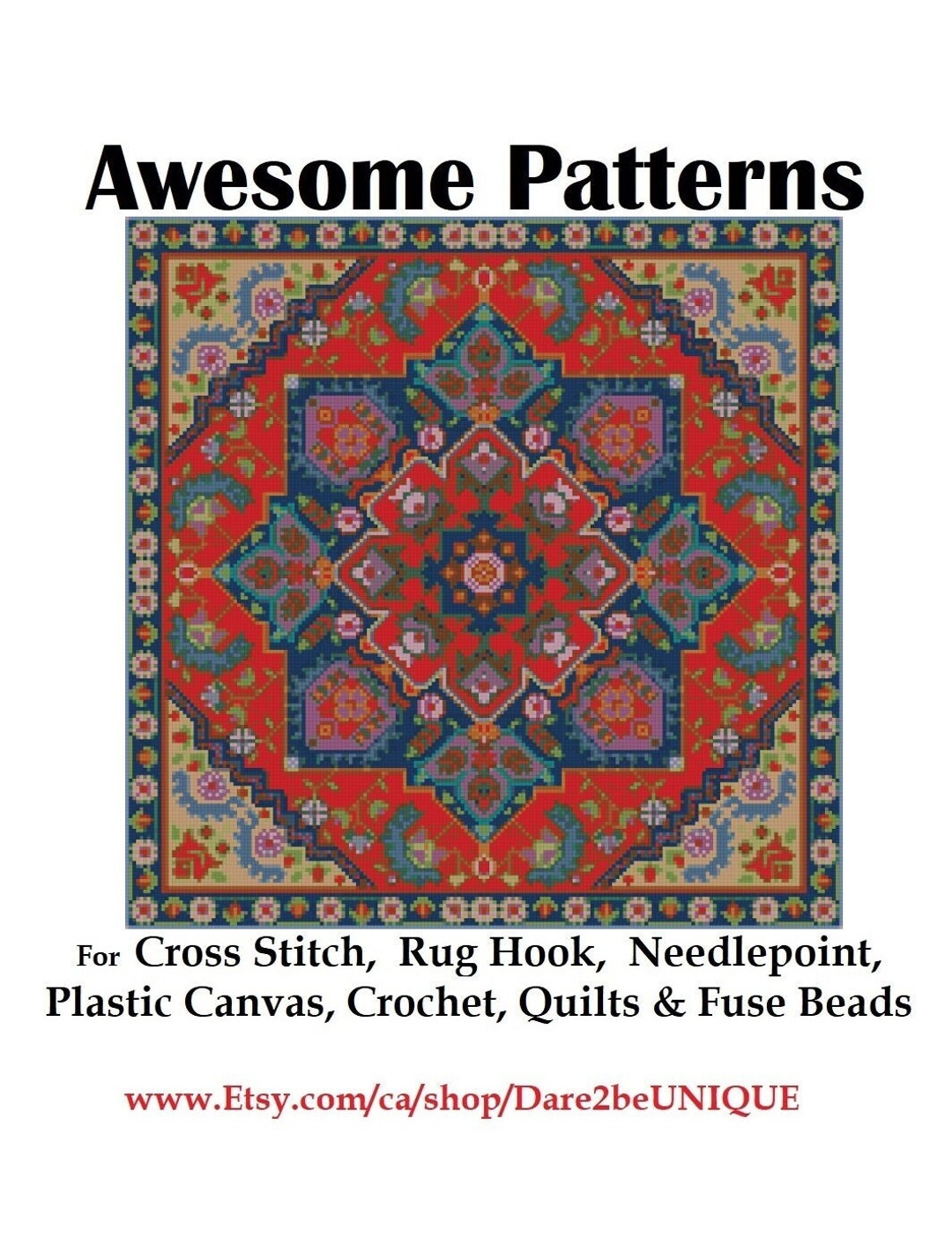 Persian Rug PATTERN for Latch Hook-counted Cross Stitch-plastic Canvas-needlepoint Tapestry-crochet-fuse Bead Mandala-digital PRINTABLE Pdf - Etsy for Free Printable Latch Hook Rug Patterns