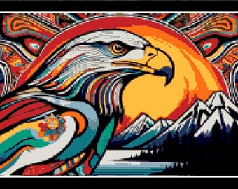 Aigle de la côte nord-ouest, point de croix motif-toile en plastique-point d'aiguille tapisserie-perler-tapis crochet-art indigène décoration murale-téléchargement numérique Pdf