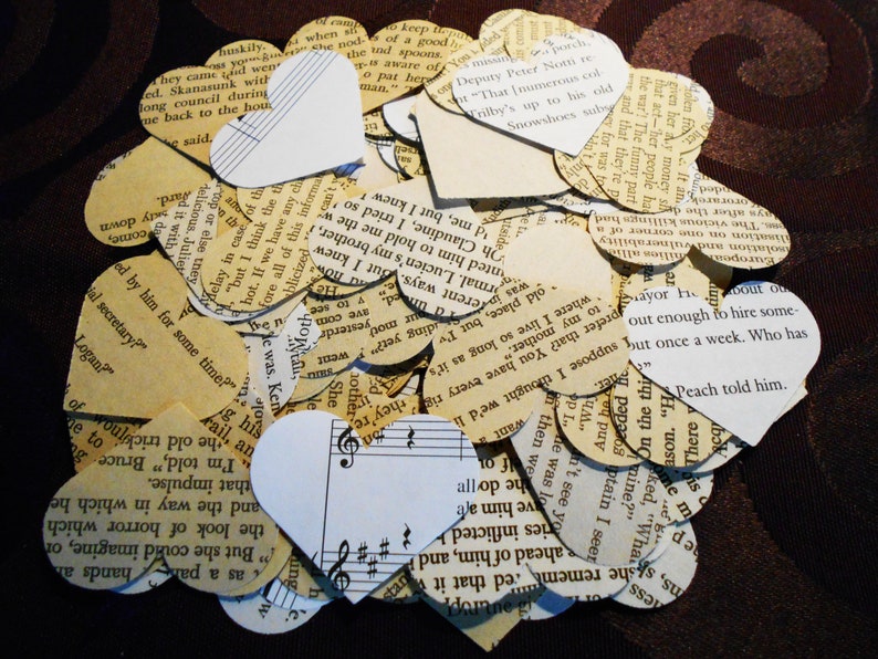 150 Romantic Confetti Hearts, Vintage Book Page, Valentine & Wedding Decor, UNIQUE Party Table Scatter, Journal Scrapbook Cut Outs image 1