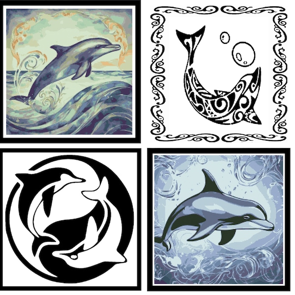 4 DOLPHIN Cross Stitch PATTERNS-Rug Hook-Plastic Canvas-Needlepoint Tapestry-Perler-Ocean Art-DiY Wall Decor-INSTANT Digital Download Pdf