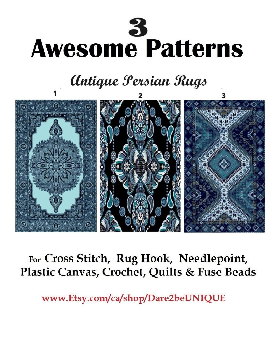 3 BLUE Persian Rug PATTERNS for Cross Stitch-rug Hook-plastic Canvas ...