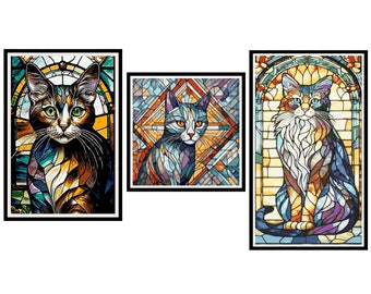 3 CAT Stained Glass PATTERNS-Cross Stitch-Rug Hook-Plastic Canvas-Needlepoint Tapestry-Perler-Graphgan-DiY Home Decor-INSTANT Digital Pdf