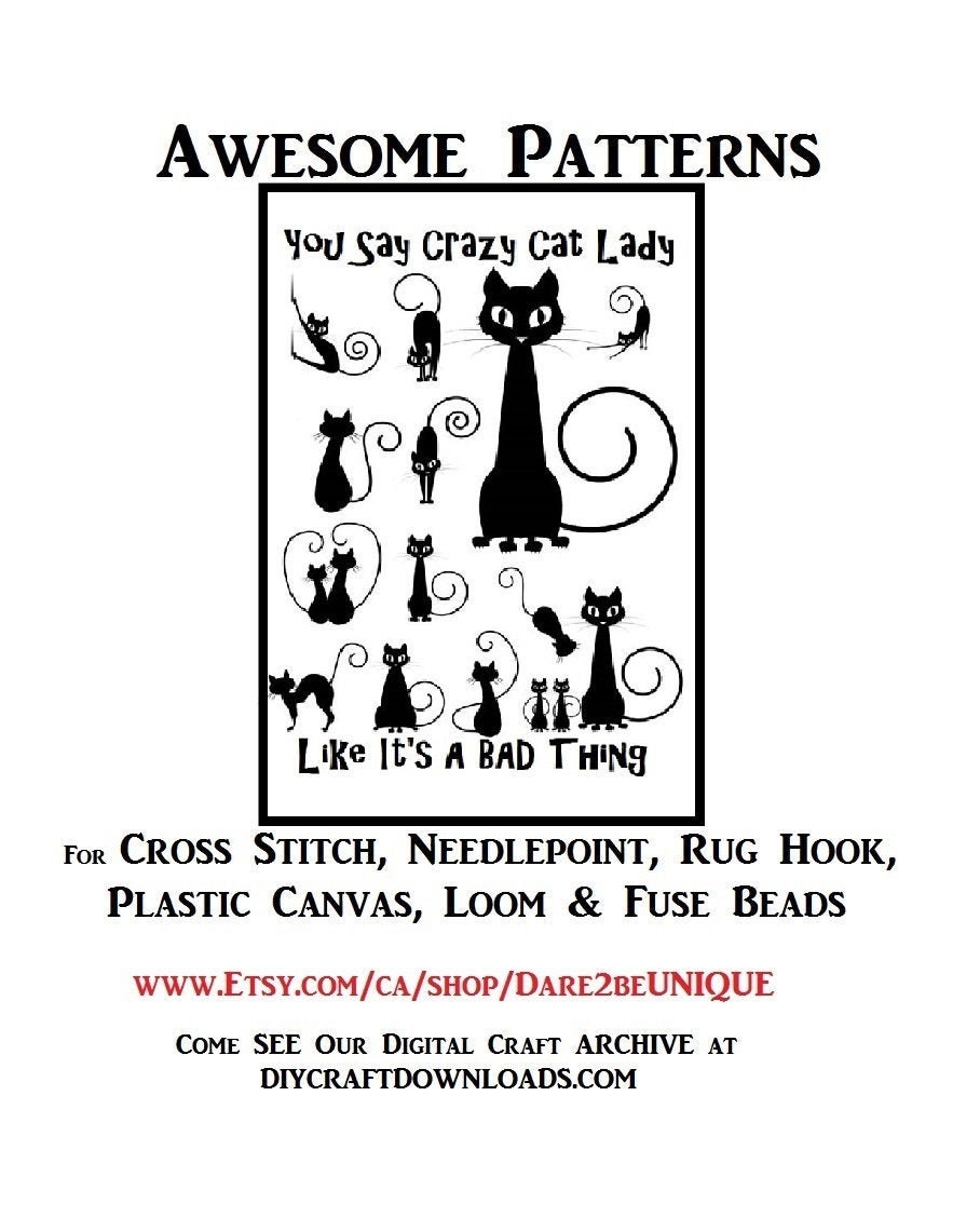 Crazy Cat Lady Cross Stitch PRINTABLE PATTERN Rug Hooking Plastic ...