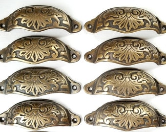 8 x Ornate Apothecary Cabinet Drawer Cup Pull Handles Victorian Style 3-1/2"centers (4-1/8" wide).Unlaquered. Cabinet,kitchen,woodworking#A1