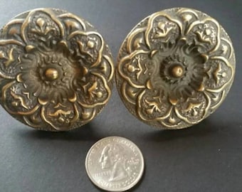 2 x Large 2" dia. Antique Style Solid Brass  Decorative ROUND KNOBS Ornate FLORAL, Classic design #Z27
