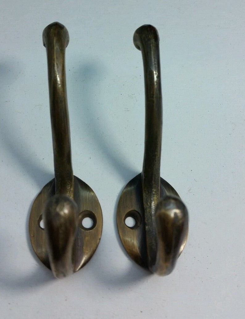 2 X Solid Antique Brass Double Coat Hooks W. Oval Backplate Etsy