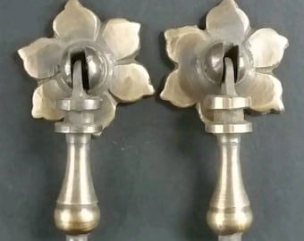 2 Antique Solid Brass Tear Drop Pendant Handles Pulls Knobs w. screws 2 1/2" long with 1 3/8" dia. Floral Backplate #H4