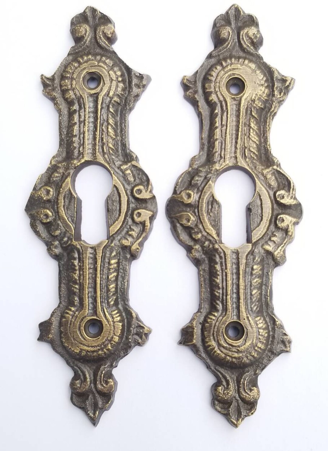 thumbnail image 2 of 2 Antique Brass French Keyhole Escutcheons – Ornate Fancy Decorative Keyhole Covers #E15 2 of 5