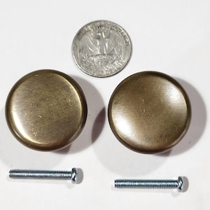 May include: Two round, brass cabinet knobs with a brushed finish. Each knob is approximately 1 inch in diameter. The knobs are shown with two screws.