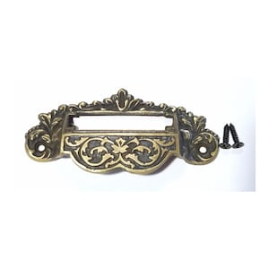 vintage antique style victorian solid brass Victorian Apothecary Bin Pull Handles with label,file holder slot,storage  3-3/4" centers #A7