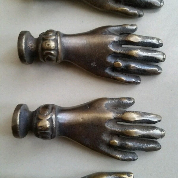 4 x Brass ANTIQUE Vtg. style figural LADIE'S dainty HANDS Cabinet Drawer Knob Pull Handle 2" #K12