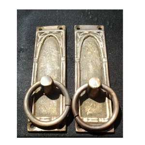 2 x Vintage Antique Style Solid Brass Ring Pull Handles Vertical mount approx. 3-1/4"tall x 1"wide  #H36