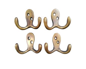 Set of 4 Small Antique Style Double Coat Hat Hooks Solid Brass approx 2-1/2" wide. Unlaquered. #C1