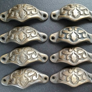 8 solid brass Small Apothecary Drawer Bin Pull handles with Oak Leaf design 2-7/8" wide overall (approx 2-3/8" centers)#A3