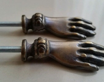 2 x Brass ANTIQUE Vtg. style figural LADIES dainty hands Cabinet Drawer Knob Pull Handle 2".unlaquered. #K12