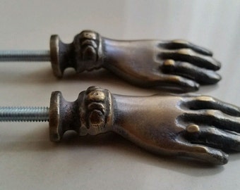 2 x Brass ANTIQUE Vtg. style figural LADIE'S dainty HANDS Cabinet Drawer Knob Pull Handle 2" #K12