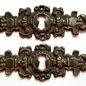 2 Antique French Brass Escutcheon, Hardware Ornate Fancy Keyhole Cover Escutcheon, French Country, approx. 4-1/4" x 1-3/8" #E8