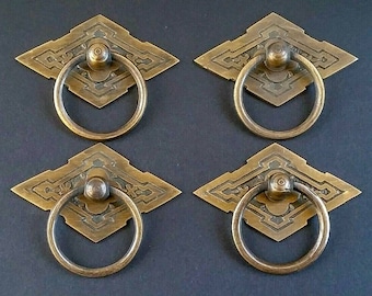 4 x Eastlake Antique Style Handles, Ring Pulls,  Furniture Hardware, Diamond Backplate Brass Pulls 2-3/8" wider Unlaquered #H15