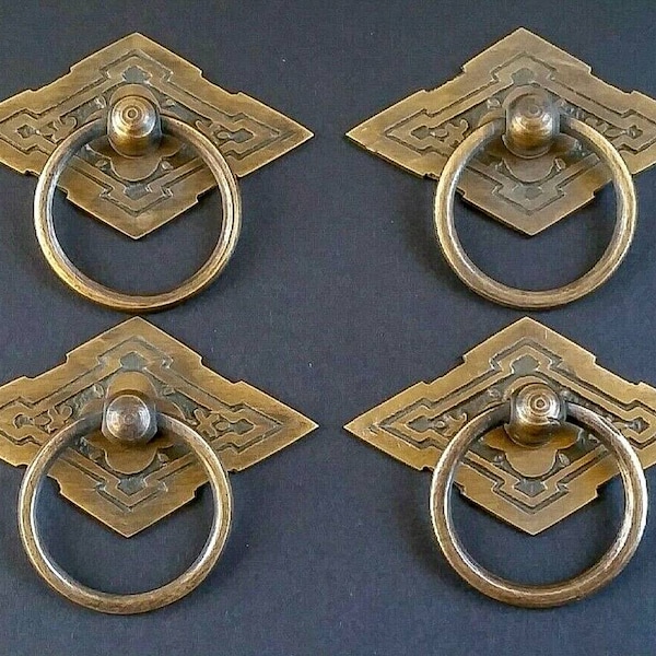 4 x Eastlake Antique Style Handles, Ring Pulls,  Furniture Hardware, Diamond Backplate Brass Pulls 2-3/8" wide #H15