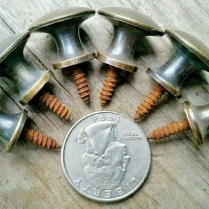 May include: Six antique brass cabinet knobs with screws. The knobs are round with a raised centre and a gold trim. The screws are rusty.