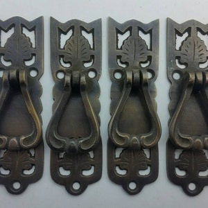 4 x Vertical Handles w. Ring Pull Leaf Design Arts and Crafts 3 3/8" #H21