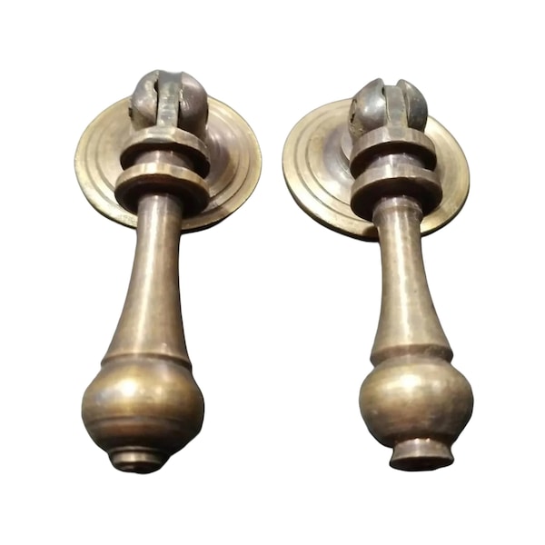 2 x Antique Style Solid Brass Tear Drop Pendant Handles Pulls Knobs w. bolts approx. 1" round Backplate #H3