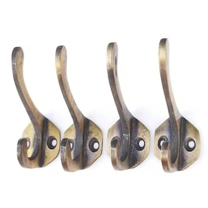 4 x Antique Vintage Style Solid Brass Coat, Hat, Towel Double Hooks with 6 sided backplate 2 1/4" long.Unlaquered.#C3