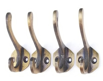 4 x Antique Vintage Style Solid Brass Coat, Hat, Towel Double Hooks with 6 sided backplate 2 1/4" long.Unlaquered.#C3