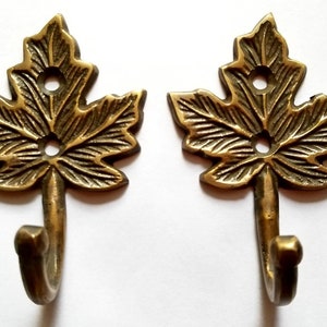 2 Maple Leaf Solid Brass Coat Hat Towel Hooks Rustic, Cabin Hooks approx 3 long C18 image 5