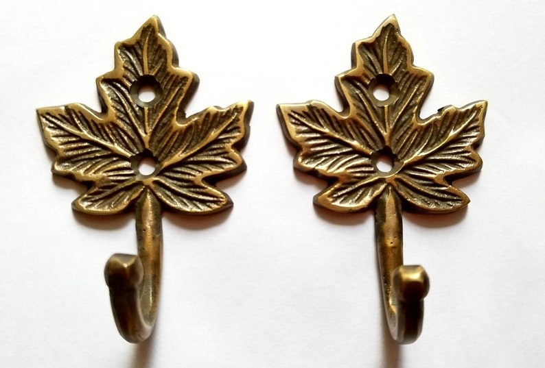 2 Maple Leaf Solid Brass Coat Hat Towel Hooks Rustic, Cabin Hooks approx 3 long C18 image 5