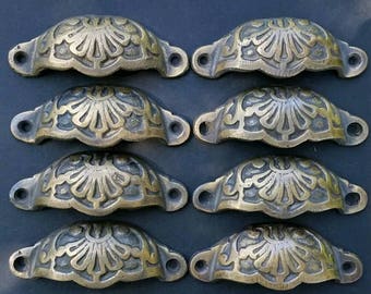 8 x Apothecary Cabinet Drawer Bin Pull Handles Solid Ornate Brass with 3" cntr (3-9/16" wide) #A2