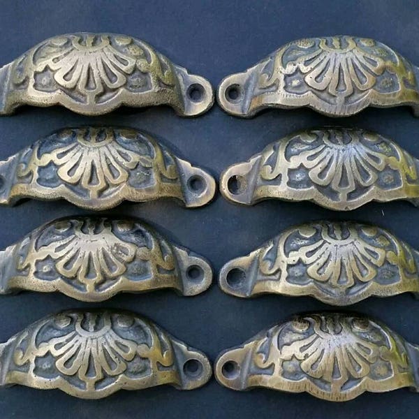 8 x Apothecary Cabinet Drawer Bin Pull Handles Solid Ornate Brass with 3" cntr (3-9/16" wide) #A2