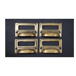 4x Antique Vintage Style Card File Cabinet Handles,File Label Holders with Cup Bin Pull Handles,Organizing labels 2 3/4" wide.Unlaquered.#F1