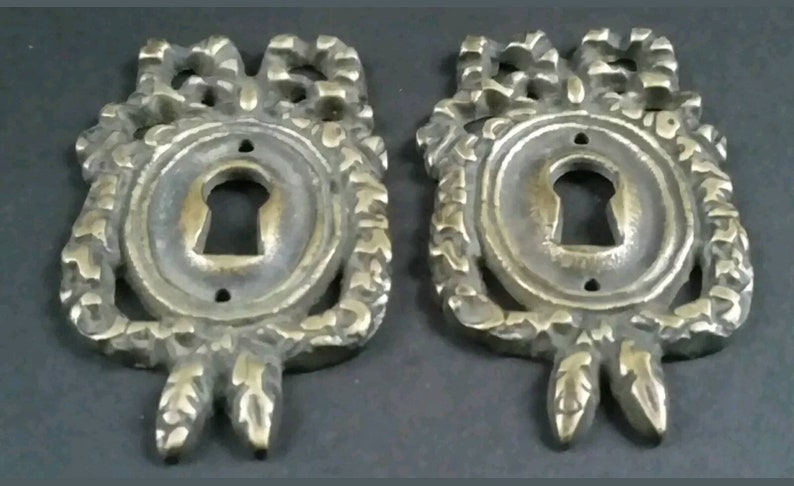 Pair Vintage Style French Provincial Brass Escutcheons, Ribbon Garland ...