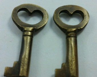 Two Unique Small Antique Vintage Style Brass Heart, Love, Commitment Skeleton Key to my Heart,Jewelry component  1-13/16" long #L6