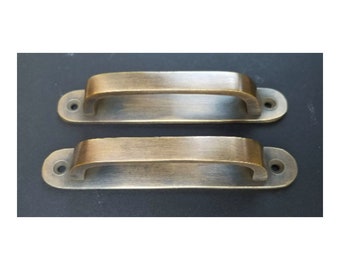2 Antique Style Brass Trunk Handles strong, Cabinet, Tool Chest, Drawer Handles, Pulls Box Handles 4" centers (4-3/4" wide).Unlaquered. #P14