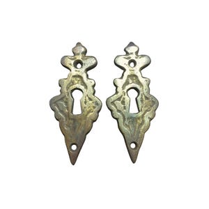 Dos escudos antiguos de estilo vintage, adornados, cubiertas para cerraduras, cerraduras de puertas, llaves de candado, llaves maestras, interiores, verticales, 3 3/8" t #E2