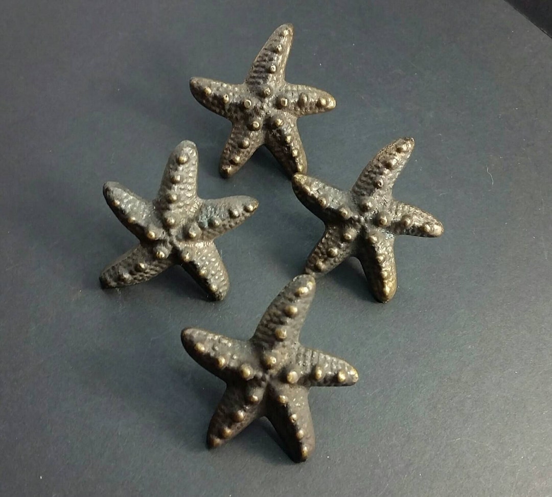 4 Starfish Knobs Handles Pulls in Detailed Solid Brass 2 Beach, Ocean