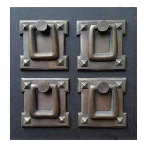 4 x Square Mission Stickley Antique Style Brass Handles Ring Pulls 2 1/8" #H38