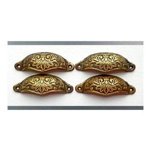 4 Solid Brass Victorian Antique Style Ornate Cabinet Apothecary Drawer Bin Pull Handles 4-1/8"wide (3-1/2"centers) #A1