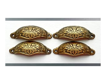 4 Solid Brass Victorian Antique Style Ornate Cabinet Apothecary Drawer Bin Pull Handles 4-1/8"wide (3-1/2"centers) #A1