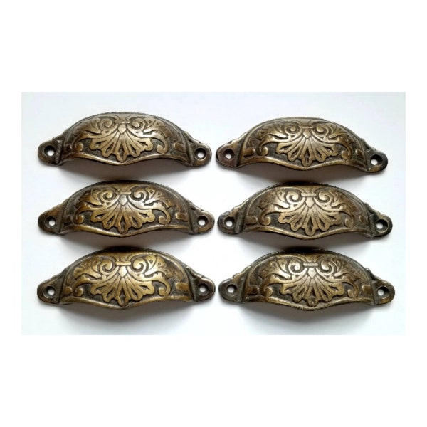 6 Solid Brass Victorian Antique Style Ornate Cabinet Apothecary Drawer Bin Pull Handles 4-1/8"wide (3-1/2"centers) #A1