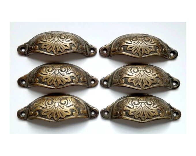 2 Antique Brass Victorian Apothecary Bin Pull Handles – 4 9/16
