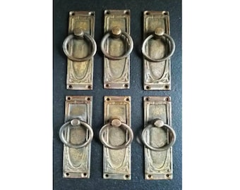 6 Ornate Brass Ring Pull Handles, Acanthus Leaf Design, Antique Style 3-3/8" long, #H36