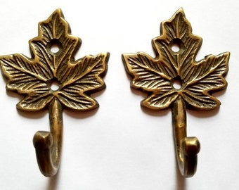 2 Maple Leaf Solid Brass Coat Hat Towel Hooks Rustic, Cabin Hooks approx 3" long #C18