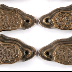 4 x Solid Brass Antique Vintage Style Victorian, Art Nouveau Apothecary Bin Pull Handles, Hardware 3-9/16" wide (approx 2-3/4" centers)  #A4